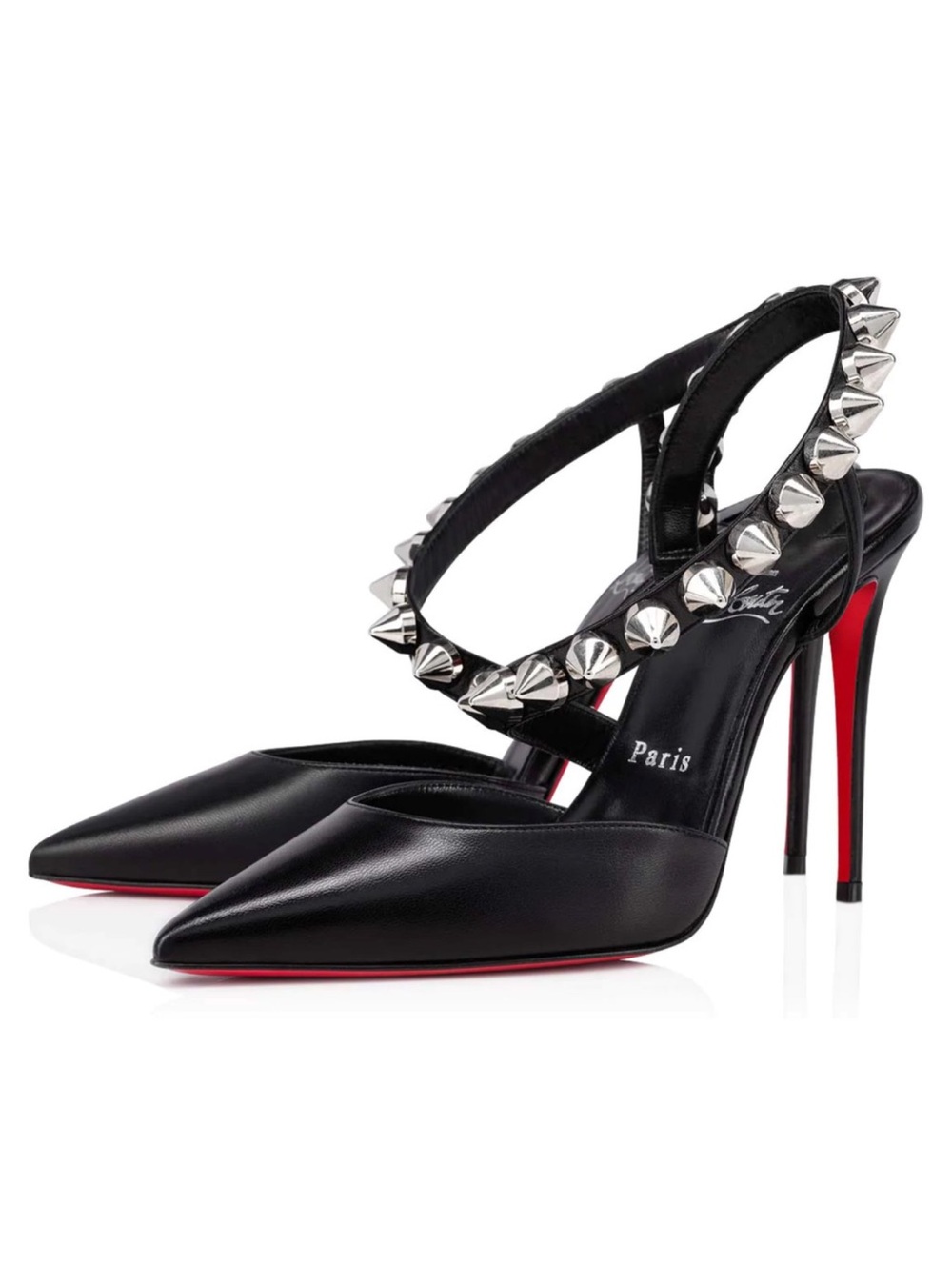 Christian Louboutin Black Leather Pointed-Toe Stiletto Heels with Silver Studs